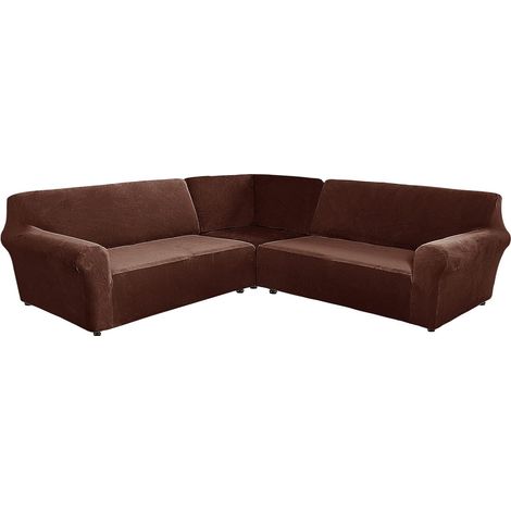 L-shaped velvet corner sofa cover for the living room, super soft, stretchable, U-shaped, non-slip corner sofa cover for pets and cats (7-seater, dark brown) (1/5)