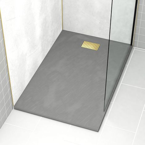 receveur de douche gris effet pierre 90x140 cm et grille décor perforée or doré brossé