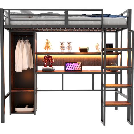 Hochbett 90 x 200 Cm Mit Kleiderschrank, Schreibtisch, LED Und Regal, Ohne Matratze, Aus Metall, Schwarz (1/5)