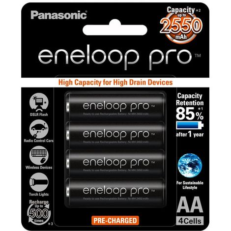 Blister da 4 batterie ricaricabili Ni-Mh stilo AA 1,2V 2550mAh Panasonic "Eneloop Pro"