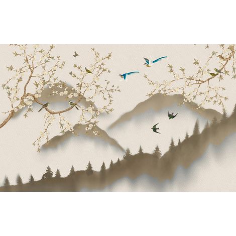Papier peint panoramique - Fleurs Oiseaux - 130 cm x 81 cm (1/2)