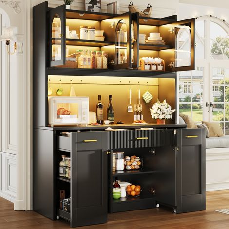 Credenza alta da cucina 120x40x187 cm, LED RGB con controllo app e tasti, 3 vetrine in vetro, MDF nero (1/5)