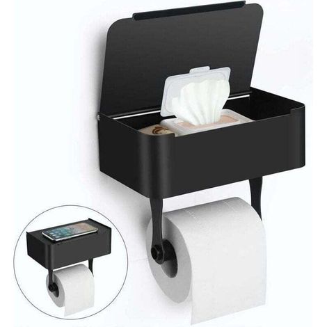 Porte-papier hygiénique avec étagère, support mural en acier inoxydable SUS304/support de papier hygiénique adhésif, distributeur de lingettes jetables pour le rangement des lingettes de salle de bain (1/4)