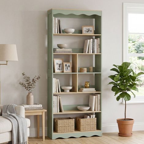 Bibliothèque, étagère de rangement à 6 niveaux avec 6 compartiments ouverts, 76 x 23,8 x 180 cm, bois naturel et vert (1/5)