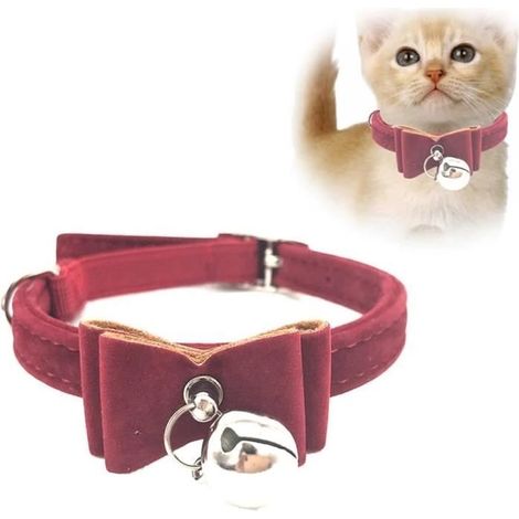 2pcs,Collier pour Chat en Velours, Ajustable, Doux, sécurisé, avec Cloche et Double nœud Papillon (Dark Red) (1/4)