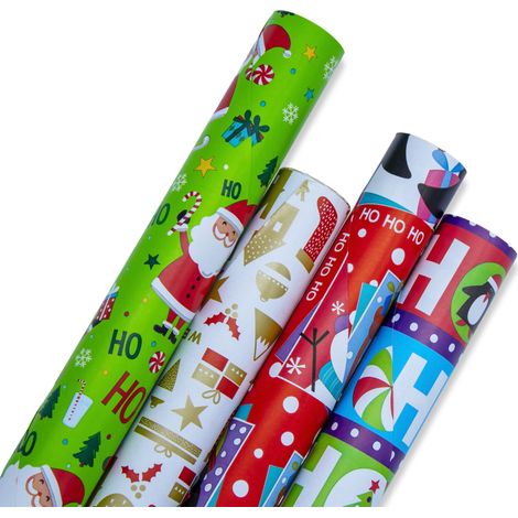 Weihnachts Geschenkpapier 500 x 100 cm mit festlichen Motiven - 4 Stück - XXL Weihnachtsgeschenk Papierrolle 5 Meter bunt
