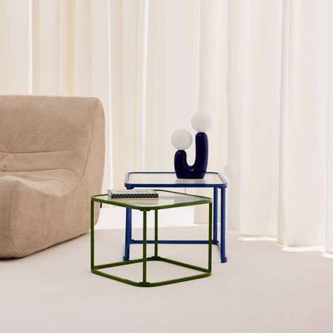 Tables gigognes métal et verre strié bleu et vert - Tano
