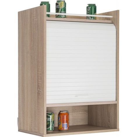 Meuble de rangement haut à rideau 3 niches chêne naturel et blanc Lohan (1/3)
