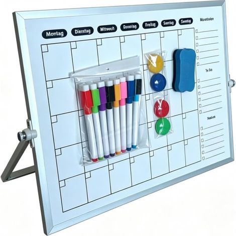 Tableau blanc double face - Planificateur hebdomadaire - 30 x 40 cm - Tableau magnétique avec 8 stylos, 4 aimants, éponge, effaçable - Petit tableau d'écriture avec support pour l'école, la maison, le