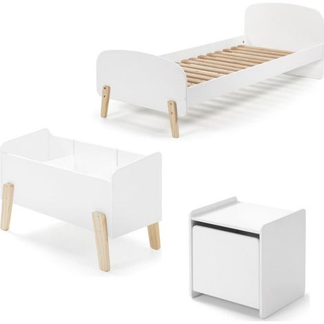 Pack - Lit Enfant, Chevet & Coffre "Kiddy" 90x200cm Blanc (1/5)