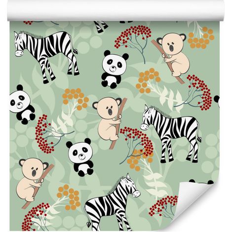 Papel pintado de cebras, koalas y pandas para salón y dormitorio, 50x1000 cm. (1/5)