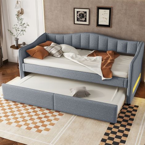 lit adulte gigogne coulissant 90x200 en lin gris LED OKMYHOME (1/5)