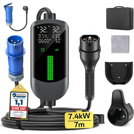Electric Car Charger 7.4kW - 7M/6-32A Electric Car Charging Cable with Wall Mount Bag, Delayed Charger, Digital LCD, IP65, Compatible with EVs(IEC 62196-2) (1/5)