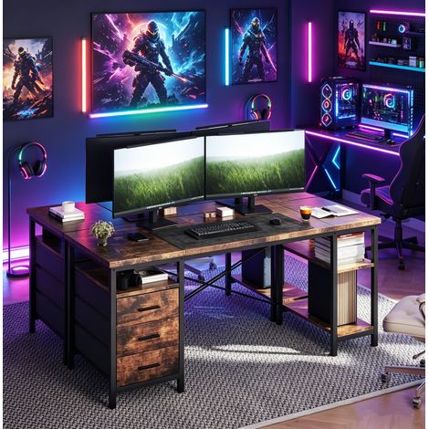 Bureau d'ordinateur, Bureau Gaming de 120 cm , bureau d'étude à 3 tiroirs, avec 3 Étagères Rangement Brun