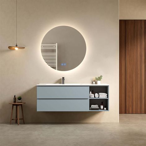 Mobile bagno sospeso 140 cm Blu Avio Lavabo a Sinistra in Resina Specchio Tondo Retroilluminato - Fiji Paint Plus (1/4)