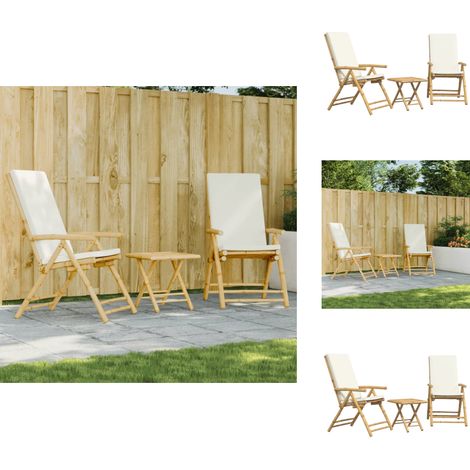 Ensemble de bistro pliante 3 pcs et coussins blanc crème bambou - Meubles De Jardin - Salon De Jardin - Mobilier Extérieur - Set De Bistro - Chaises Inclinables (1/5)