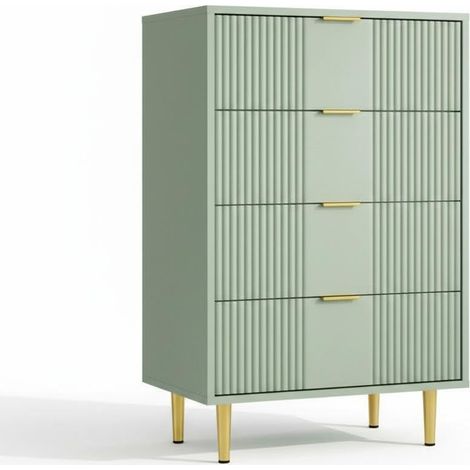 Commode 4 tiroirs haute en bois façade cannelée 40P x 94L x 78H cm, poignées métal rangement chambre salon couloir - vert olive (1/5)