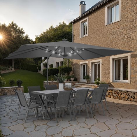 Parasol basculante giratorio 360° CALVI LED gris 3x4 M off-set con 4 paneles y cubierta
