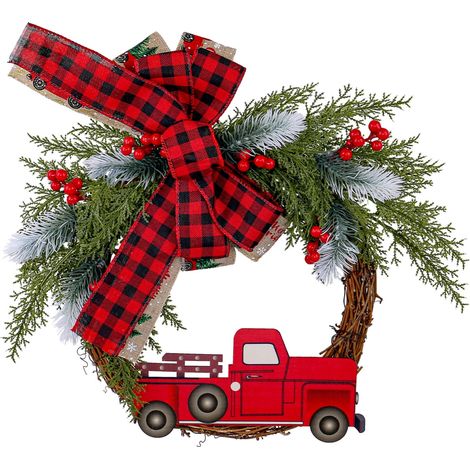 Guirlande De Noël Camion Rouge - Branches De Pin Artificielles - Baies Rouges Et Nœud En Plaid - Pour Porte Intérieure Extérieure - Diamètre 30 Cm - 1 Pièce (1/5)