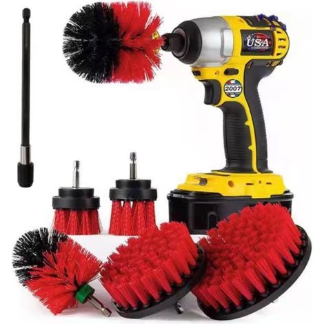 Brosse Nettoyage Perceuse 7PCS,Brosse Nettoyage Perceuse Électrique Nettoyage de Roue pour Jantes, Tapis,Carrelage, Baignoire, Briques, Sol(Rouge) (1/5)