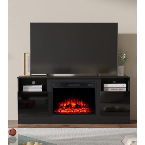 Mueble de TV de 147 cm de ancho con inserción de chimenea de 23», armario con puerta de realce, centro de entretenimiento multimedia con 2 estantes abiertos, mesa larga para sala de estar, negro