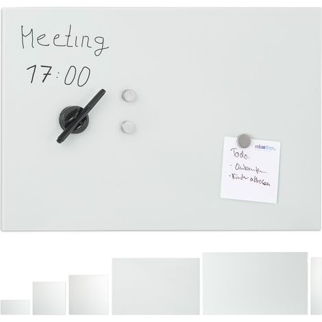 Relaxdays Glass Magnetic Dry Erase Memo Board 60 x 40 cm, Writable, 3 Magnets, Safety Glass Magnet Board, White