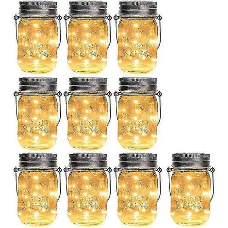 Lot de 10 lampes solaires LED pour couvercles de bocaux Mason avec crochet pour jardin féerique ou terrasse [bocal non inclus]-AquaForge (1/4)
