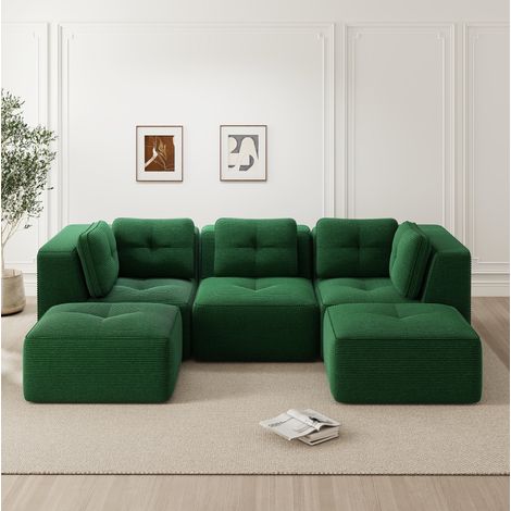 Divano angolare modulare in velluto a coste verde, 3 posti con ottomana, profondità seduta 74 cm, senza montaggio (1/5)
