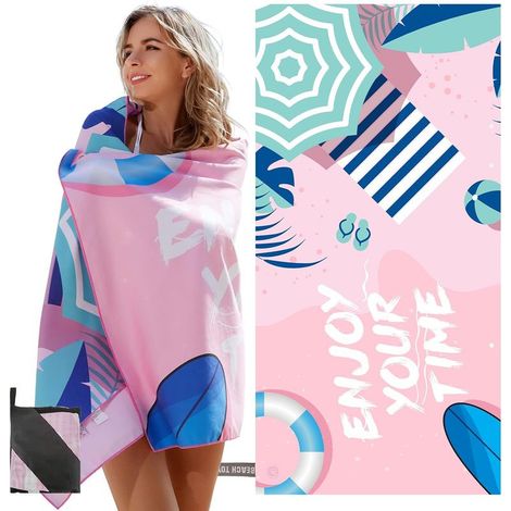 Serviette de Plage avec Étiquettes UV, Tapis de Plage, Matériau en Microfibre, sans Sable,Séchage Rapide, Conception en Corde Élastique, 150×75cm,Rose (1/5)