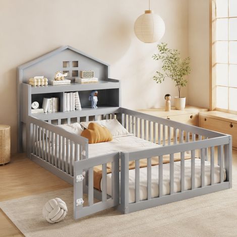 Cama infantil 235x111.8x115 cm, diseño de casa con almacenaje y puerta, somier de láminas, madera maciza gris (1/5)
