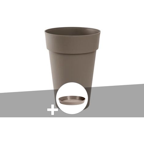 Pot de fleur rond Toscane Ø 44 x H.53 cm Taupe + Soucoupe - Eda