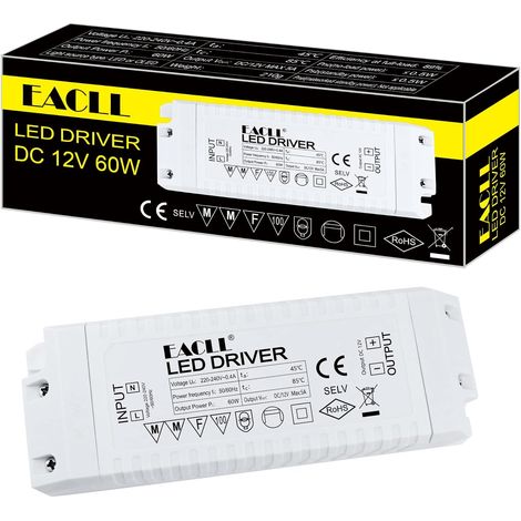 Transformateur LED AC 240V à DC 12V 5A 60W, Lot de 1, Pour Moins de 60W MR11 G4 MR16 GU5.3 Ampoules et Bande Lumineuse, Adaptateur Lampe, Contrôleur d'Alimentation (1/5)