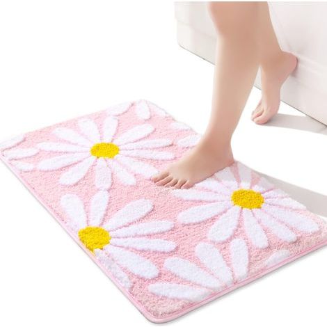 Tapis de salle de bain rose tapis de bain marguerite mignon tapis de décor de fleurs blanches et jaunes tapis de sol antidérapant tapis de bain en microfibre 16 "x 24" (1/5)