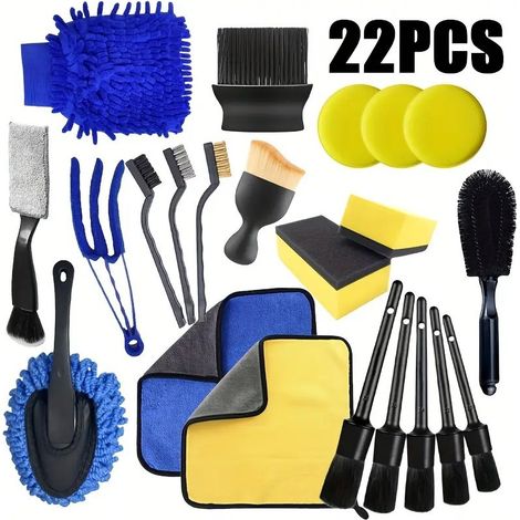 Kit lavage auto 22 pièces brosses microfibres gant éponges tampons polissants, outils entretien intérieur et extérieur pour nettoyage voiture (1/5)