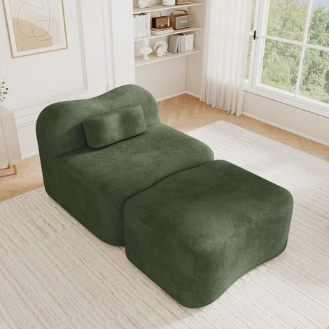 Canapé modulable une place sans cadre avec pouf, design ondulé, garnissage en mousse haute densité 32D, coussin de dossier amovible, tissu doux, idéal pour appartement, salon et chambre, vert (1/5)