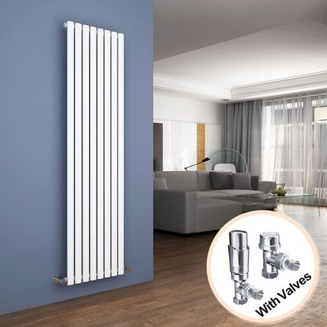ELEGANT Vertical Column Designer Radiator White Oval Double Panel Rad 1800 x 472mm + Chrome Thermostatic Radiator Valves (1/5)