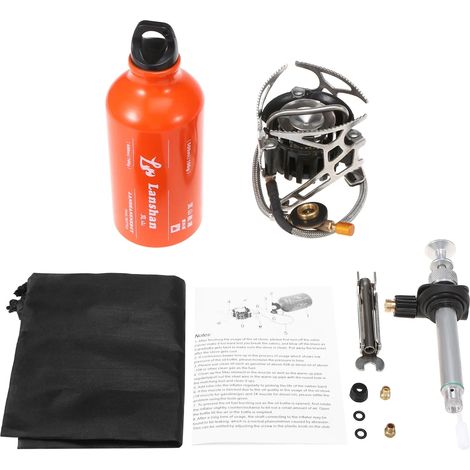 Réchaud à pétrole multi-combustibles pour camping en extérieur avec bouteille de carburant essence de 500 ml compatible avec réchaud diesel/alcool, pompe, embout diesel, sac de rangement, réchauds de (1/5)