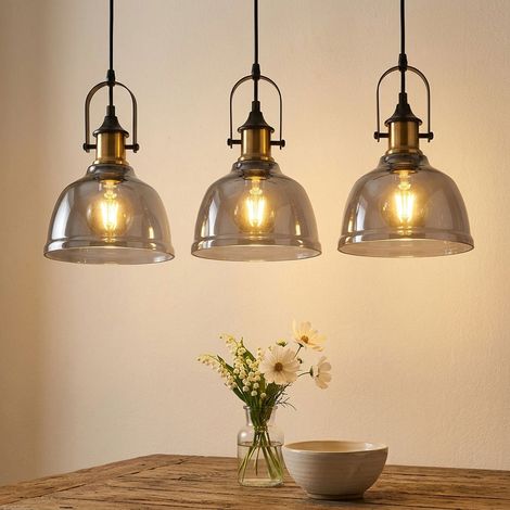 Pendelleuchte Pendellampe Hängeleuchte Esszimmer 3 flammig, Metall Rauchglas messing, 3x E27 Fassungen, LxBxH 83,5x20x120cm (1/5)