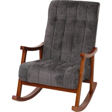[JAMAIS UTILISÉ] Fauteuil à bascule HHG-857, fauteuil relax, bois MVG tissu/textile chenille (465 g/m²), gris foncé, structure aspect noyer (1/5)