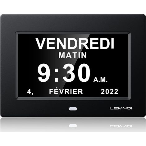 7 Inch LCD Digital Clock Calendar Black with Date Day and Time Clock Unabridged Auto Dimming 8 Languages HD Display Reminder for Elderly and Children (1/5)