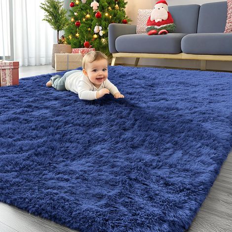 Grand tapis moelleux à longs poils antidérapant et lavable en machine pour salon, descente de lit pour chambre d’enfant et crèche, bleu marine, 140 x 200 cm (1/5)