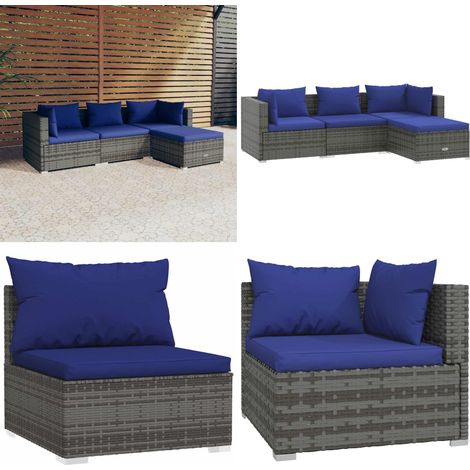 4-tlg. Garten-Lounge-Set mit Kissen Poly Rattan Grau - Garten Lounge Set - Outdoor Möbel - Rattan Gartenmöbel - Loungesessel - Gartenstuhl - Home & Living