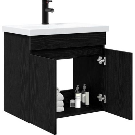 Meuble de Salle de Bain en Chêne Noir avec Robinet Intégré, Vanité Moderne et Élégante pour WC, Rangement Pratique (1/5)
