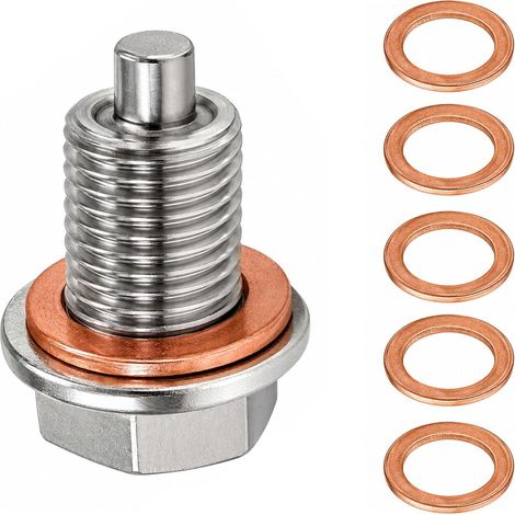 1 Pièces Bouchon de Vidange Magnétique M14x1,5 avec 5 Joints en Cuivre pour Huile Moteur, Bouchon Vidange Voiture et Moto Universel, Acier Inoxydable, Vis de Vidange M14x1.5 (1/5)