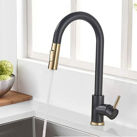 Grifo de cocina giratorio negro y dorado cepillado con 2 modos de rociado, monomando para fregadero de cocina (1/5)