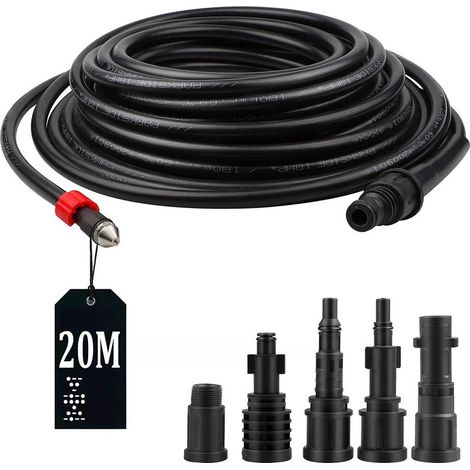 Tuyau haute pression de 20 m avec 5 adaptateurs - Compatible avec les nettoyeurs Kärcher, Bosch et Lavor - Résistant à 180 bars et 60 °C - Kit de débouchage (1/4)