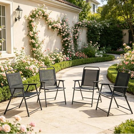 Set di 4 sedie da giardino pieghevoli, schienale alto, braccioli, acciaio e textilene nero DESVIAE (1/5)