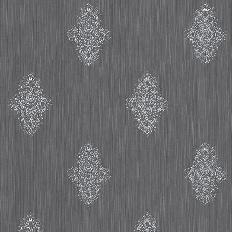 Papier peint gris intissé effet textile Tapisserie murale à motifs argentés Papiers peints baroque style traditionnel pour chambre (1/5)