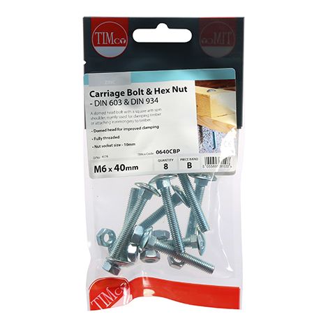 TIMCO Carriage Bolts DIN603 & Hex Full Nut DIN934 Silver - M6 x 40