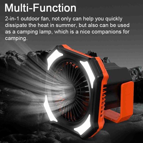 Multifunktionaler Campingventilator mit LED-Licht, USB-aufladbarer Deckenventilator/Lampe für Zelte, tragbarer Akku, 3 einstellbare Windgeschwindigkeiten und Lichtintensitäten, Fernbedienung für Zuhau